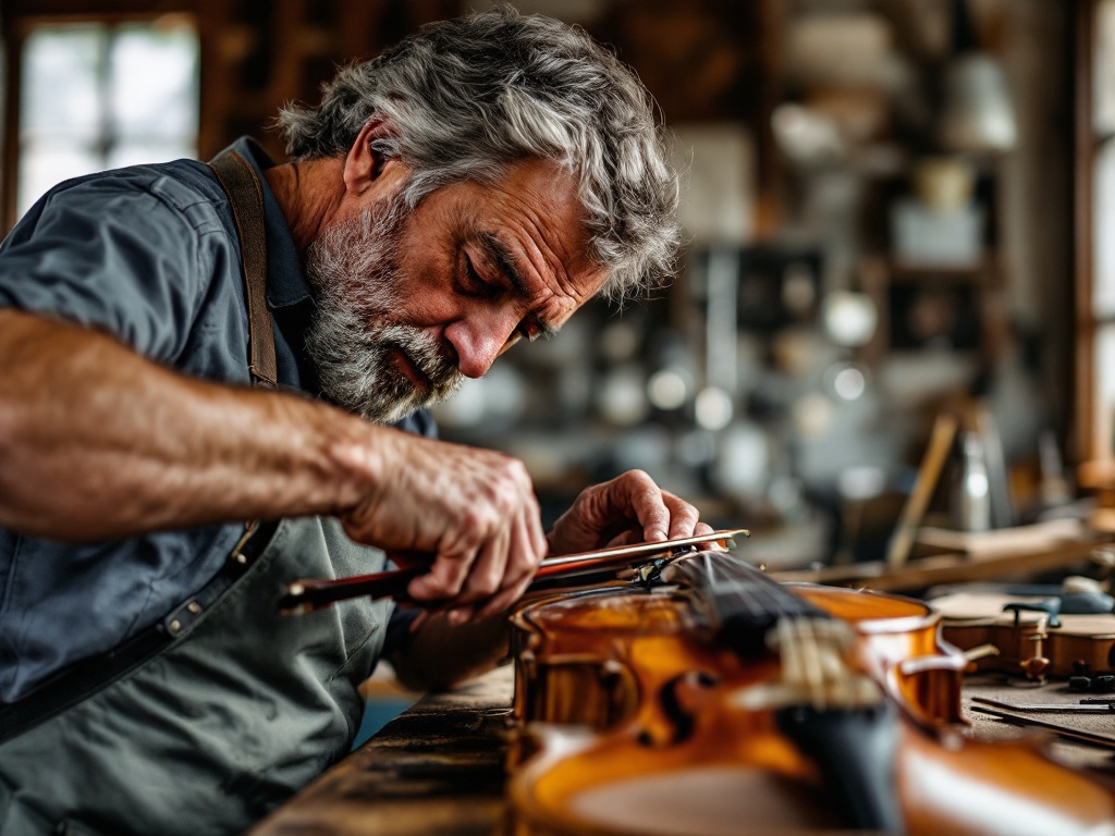 Geigenbaumeisterin bei der Reparatur einer Violine in der Werkstatt
